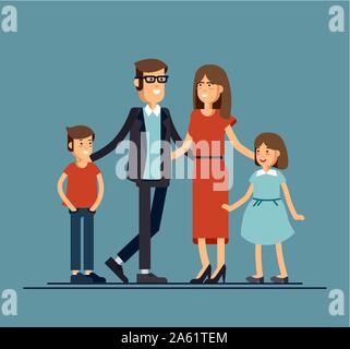 Cool Vektor flache Design Family Portrait. Familie Mitglieder zusammen. Junges Mädchen, Schule alter Junge und zusammen stehen. Glückliche Familie Zeichen Stock Vektor