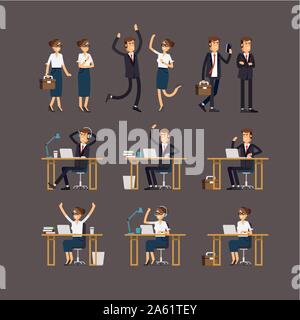 Cool flache Design Corporate Business Team Menschen stehen und sitzen hinter dem Schreibtisch. Büro, von vorne und von hinten. Männer und Frauen im Sitzen und St Stock Vektor