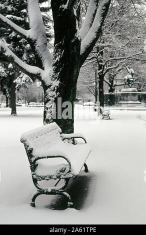 Parkbank im Schnee - New England Stockfoto