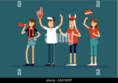 Vektor flachbild Abbildung Menschen Charakter sport Fans stehen. Frau und Mann mit Fahnen bilden und Zubehör Lüfter Stock Vektor