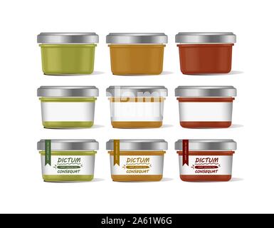 Vector Illustration Glas Glas für Babynahrung realistische Bank auf weißem Hintergrund. Organic Baby food pürieren. Mock up mit Template Design Label. Stock Vektor