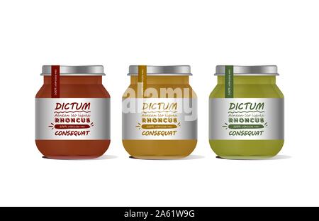 Vector Illustration Glas Glas für Babynahrung realistische Bank auf weißem Hintergrund. Organic Baby food pürieren. Mock up mit Template Design Label. Stock Vektor