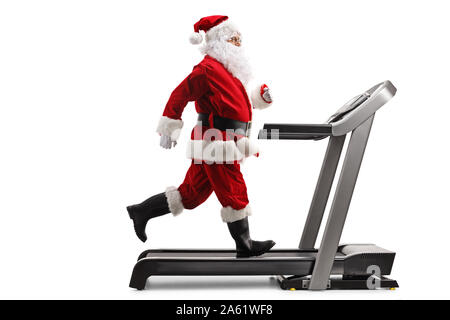 Volle Länge Profil Schuß von Santa Claus auf einem Laufband auf weißem Hintergrund Stockfoto