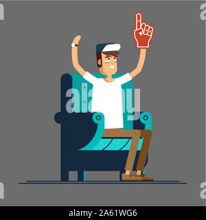 Vektor flachbild Abbildung Menschen Charakter sport Fans Fernsehen auf gemütlichen Stuhl. Mann mit Lüfter Zubehör Stock Vektor