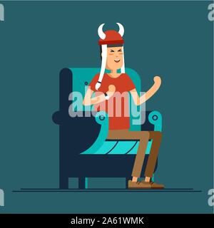 Vektor flachbild Abbildung Menschen Charakter sport Fans Fernsehen auf gemütlichen Stuhl. Mann mit Lüfter Zubehör Stock Vektor