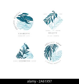 Einfaches logo Sammlung. Gravierte Schriftzug gesetzt. Botanische Schönheitssalon und organische Kosmetik Symbole. Vector Illustration Stock Vektor