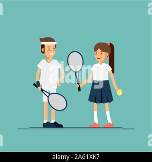 Vector Illustration männlichen und weiblichen Kinder Tennis Spieler im Sport Uniformen. Paar ausgestattete Tennis Spieler Kinder in weißen Kleidern mit Tennis rac Stock Vektor