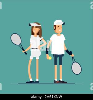 Vector Illustration männliche und weibliche Tennisspieler im Sport Uniformen. Paar ausgestattete Tennis Spieler in weißen Kleidern mit Tennis racque, Kugel. Sp Stock Vektor