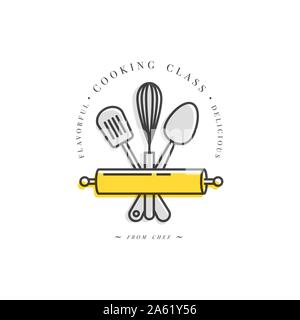 Kochkurs lineare Design Element, Küche Emblem, Symbol, Symbol oder Essen studio Label. Kochkurse anmelden Vorlage oder Logo, Identität, kulinarische scho Stock Vektor