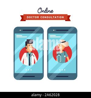 Vector Illustration der Begriff der Form design Handy mit weiblichen oder männlichen medizinische Hilfe und Arzt Beratung online mit. Medizinische ap Stock Vektor