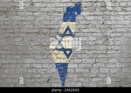 Grunge distressed Karte geformte Flagge Israel malte auf alten verwitterten grauen Mauer Stockfoto