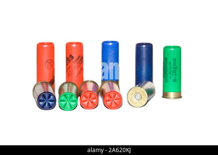 12 Bohrung Shotgun shells auf weißem Hintergrund Stockfoto