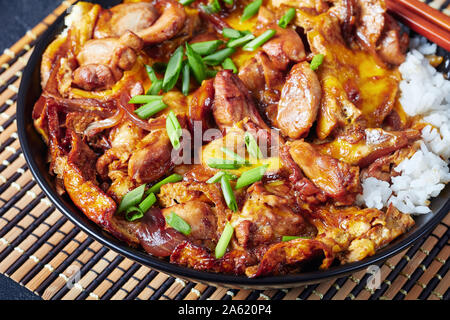 Close-up Oyakodon, Japanisch Huhn und Ei Schüssel Reis auf einem Bambus Tisch mat Stockfoto