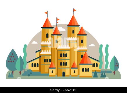 Vector Illustration eines niedlichen gelben Schloss. Abbildung Märchen für Kinder. Schloss mit Landschaft Stock Vektor