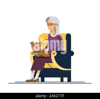 Oma im gemütlichen Sessel sitzen und halten Sie den Welpen auf den Knien. Vector Illustration eines flachen Design. Alte Frau in den Ruhestand Stock Vektor