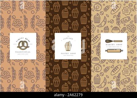 Vektor einrichten von Designvorlagen und Elemente für Bäckerei Verpackungen in trendigen Skizze linearen Stil. Doodles Elemente mit Design Label und Logo. Stock Vektor