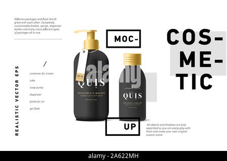 Realistische schwarze Flasche für flüssige Seife in weißen Hintergrund. Kosmetische Flasche für eine Creme, Shampoo, Öl, gel. Mock up. Batcher. Kosmetische Produkte Stock Vektor