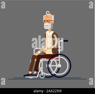 Ältere Person. Großvater in einem Rollstuhl. Vector Illustration in einem flachen Stil. Ältere behinderte Menschen Stock Vektor