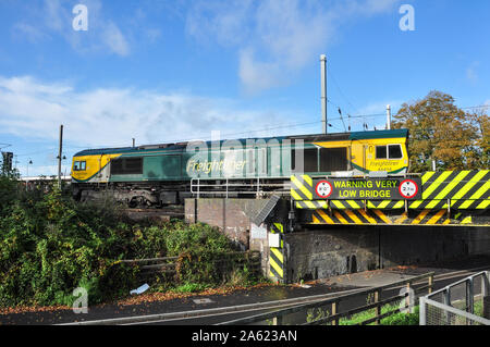 Freightliner Class 66 Hols ein Güterverkehr über die notorisch niedrigen Brücke in Ely, Cambridgeshire, England, Großbritannien Stockfoto