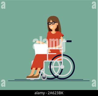 Behinderte junge Frau im Rollstuhl arbeiten mit Computer. Online job und Inbetriebnahme. Körperliche Behinderung und Gesellschaft. Vektor Flat Style cartoon Lllustrat Stock Vektor