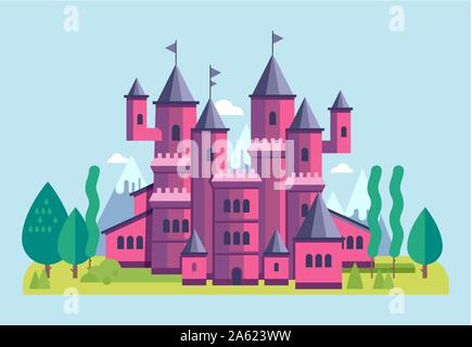 Vector Illustration eines niedlichen rosa Schloss. Abbildung Märchen für Kinder. Schloss mit Landschaft Stock Vektor