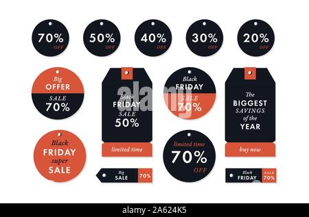Schwarzer Freitag Preis rote Aufkleber und Etiketten. Vektor Weihnachtszeit marketing verkauf Kampagne visuals Stock Vektor