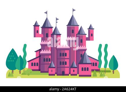 Vector Illustration eines niedlichen rosa Schloss. Abbildung Märchen für Kinder. Schloss mit Landschaft in weißem Hintergrund Stock Vektor