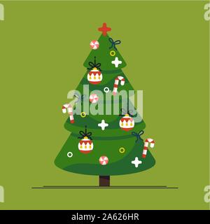 Weihnachtsbaum und Urlaub. Tannenbaum mit Stern, Kugeln und Girlanden dekoriert. Vector Illustration in einem flachen Stil Stock Vektor