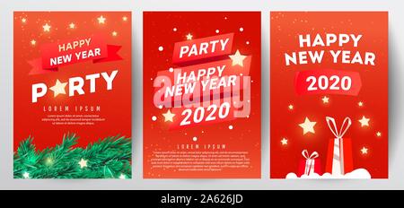Weihnachtsfeier design Vorlage mit Zweig Tanne, Sterne und rote Geschenke auf einem roten Hintergrund mit Hilfe für Web Banner, Poster Set Stock Vektor