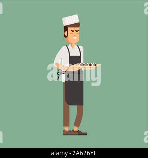 Sushi Chef holding Sushi. Vector Illustration junge männliche Charakter kochen. Cartoon person Stock Vektor