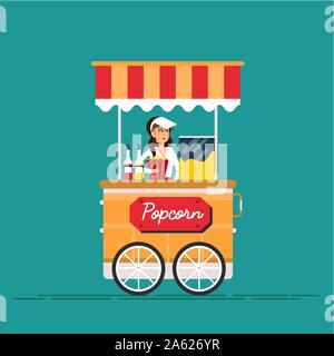 Detaillierte kreative Vector Illustration auf Street Food vending Warenkorb mit Popcorn maschine und mit dem Verkäufer. Junges Paar kaufen Popcorn. Stock Vektor