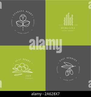 Vektor-Set Design-Vorlagen und Embleme - gesundes Öko-Essen - Camu Camu, Spirulina, Goji-Beere und acai-Beere. Detox und Gewichtsverlust ergänzt. Stock Vektor
