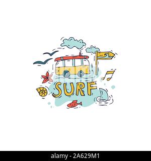 Hand Draw Icon Surfkollektion und Sommerurlaub für Ihr Design. Tourismus und Urlaub Thema. Stock Vektor