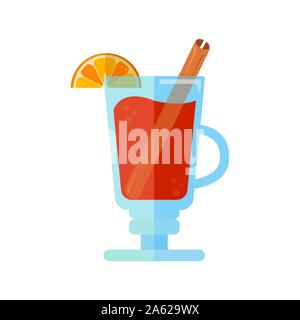 Flache vector Abbildung: Glühwein mit Gewürzen, Zimtstange und Zitrusfrüchte auf einem weißen Hintergrund. Traditionelle alkoholische Getränke du Stock Vektor