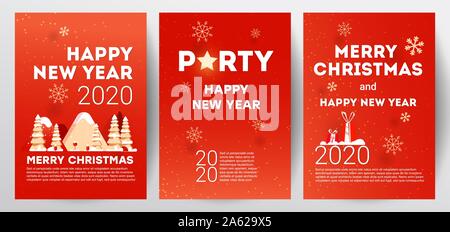 Merry Christmas Party Einladung Plakat Vorlage mit Bergen, Fichten, Geschenke und Kalligraphie Text auf rotem Hintergrund Stock Vektor