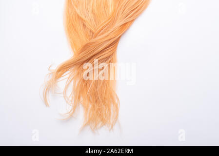 Menschliche, natürliche Honigfarbe blonde Haare auf weißem Hintergrund isoliert. Elegante, modische Farben in diesem Jahr. Honig blond erschüttert, Wave und hügeligen Stockfoto