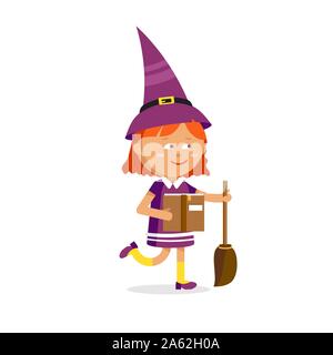 Kleine Hexe, cute Cartoon Mädchen in der Halloween Kostüm mit Besen und Zauberbuch auf weißem Hintergrund. Vector Illustration männlichen Magic verwen Stock Vektor