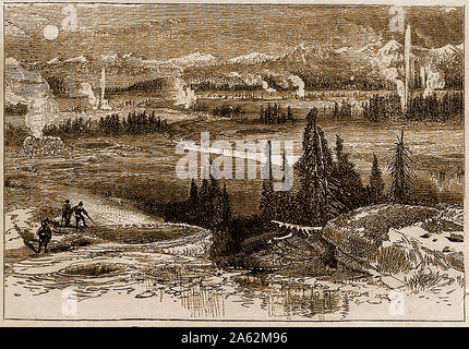 Eine sehr frühe Kupferstich zeigt das große Geyser Basin, Yellowstone National Park. USA Stockfoto