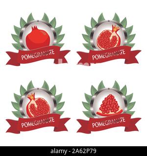 Abstrakt Vektor icon Abbildung: Logo für ganze reife rote Früchte Granatapfel, slice Hälfte Granat. Granatapfelmuster bestehend aus Card Label, natürlichen s Stock Vektor