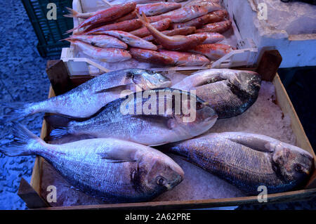 Palermo, Sizilien - August 2019 - Bilder von Fisch- und Gemüsemarkt in der historischen, alten Stadt Palmero. Stockfoto