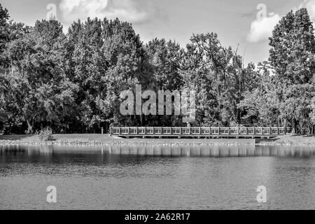 Orlando, Florida. Januar 15, 2019. Wunderschöne natürliche Landschaft mit Wald, Holz Brücke und Blauer See an der Feier in der Stadt Kissimmee Bereich Stockfoto