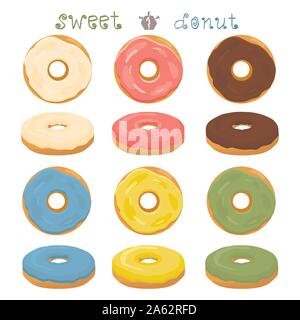 Abstrakt Vektor icon Abbildung: Logo für glasierten süßen Donut. Donut Muster bestehend aus Haufen von verschiedenen farbigen Konfektion Donuts. Essen lecker c Stock Vektor