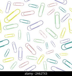 Bunte Büroklammer nahtlose Muster isoliert auf weißem Hintergrund. Bürobedarf Textur Stock Vektor