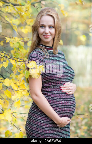 Schöne schwangere Frau mit ihrem Mann zu Fuß im Herbst Park Stockfoto