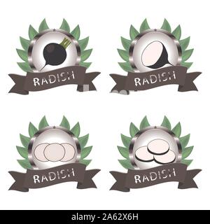 Vektor icon Abbildung: Logo für ganze reife Gemüse schwarzem Rettich, schneiden die Hälfte Karotte für den Hintergrund. Radieschen Muster bestehend aus Label Gemüse, SLI Stock Vektor