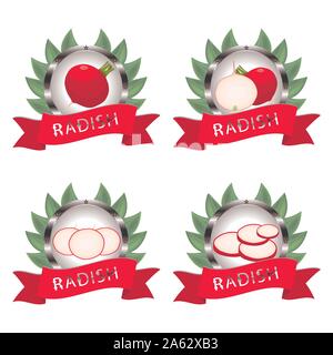 Vektor icon Abbildung: Logo für ganze reife Gemüse rote Radieschen, schneiden die Hälfte Karotte für den Hintergrund. Radieschen Muster bestehend aus Label Gemüse, Slice Stock Vektor