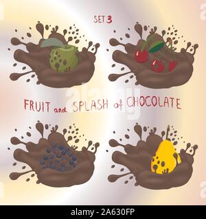 Vektor icon Logo für Obst Apfel, Kirsche, Birne, Blaubeere, Spritzer Tropfen braune Schokolade. Pear Muster der Spritzer Tropfrohr-strömung Schokolade. Essen Sie Obst ap Stock Vektor