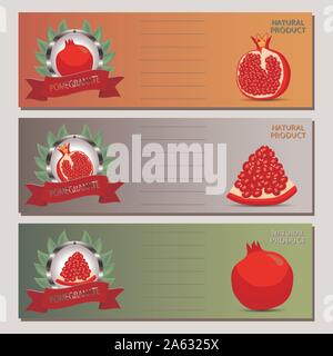 Abstrakt Vektor icon Abbildung: Logo für ganze reife rote Früchte Granatapfel, slice Hälfte Granat. Granatapfelmuster bestehend aus Card Label, natürlichen s Stock Vektor