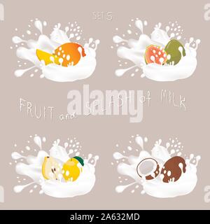 Vektor icon Abbildung: Logo für Obst Mango, Guave, Quitte, Mutter Kokos, Spritzer Tropfen weißer Milch. Mutter Muster der Spritzer Tropfrohr-strömung Milch. Essen Sie Obst Stock Vektor