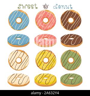 Abstrakt Vektor icon Abbildung: Logo für glasierten süßen Donut. Donut Muster bestehend aus Haufen von verschiedenen farbigen Konfektion Donuts. Essen lecker c Stock Vektor